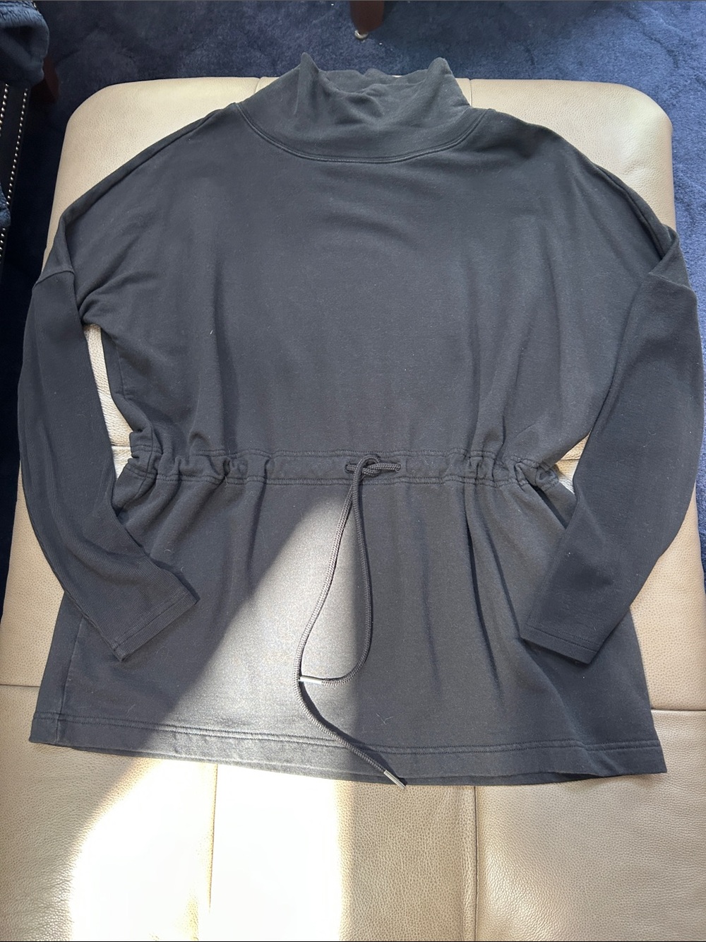 Athleta Black Mock Neck Drawstring Waist Pullover Sweatshirt ribbed sleeves